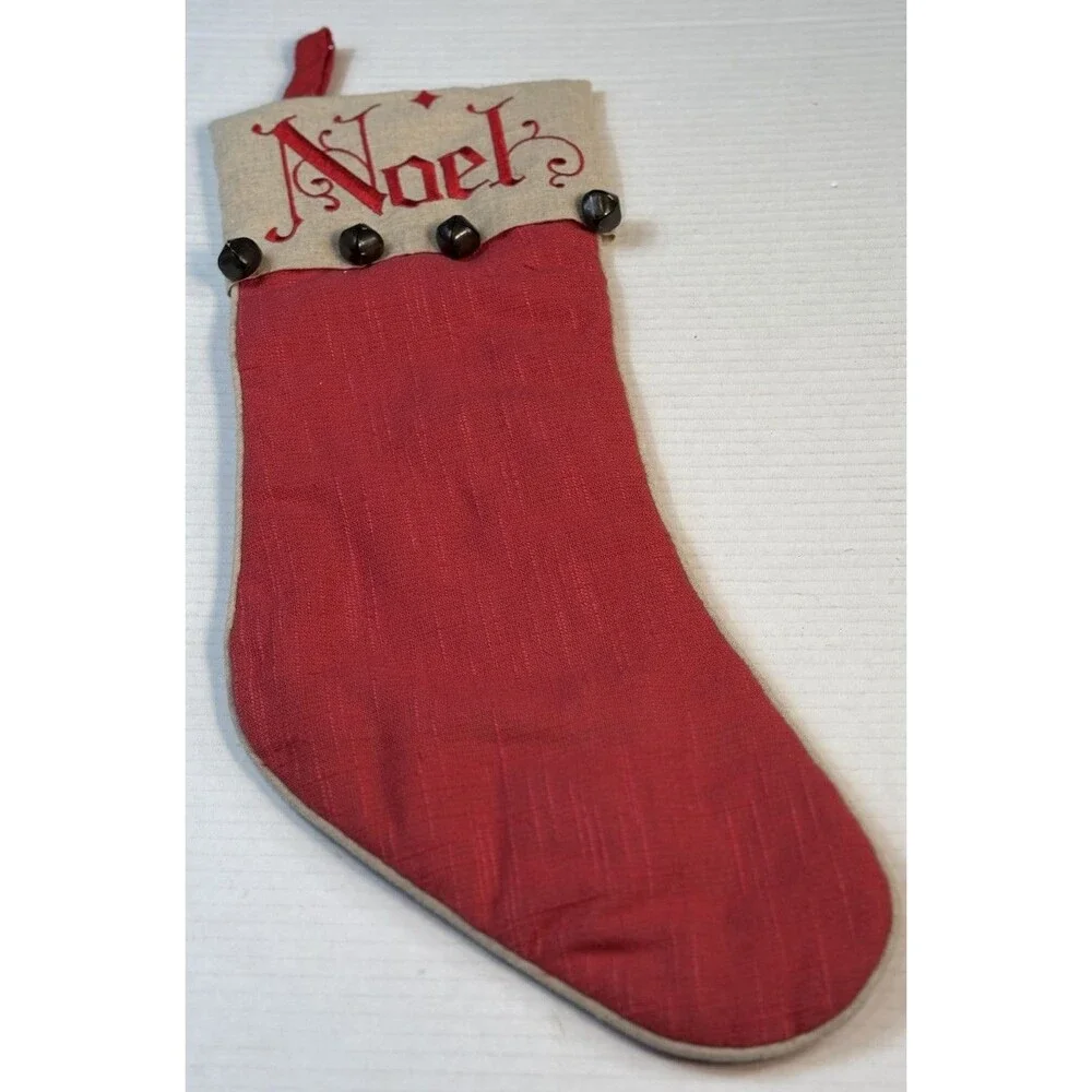 Vintage Style Red Linen Merry Christmas stockings Jingle Bells Noel